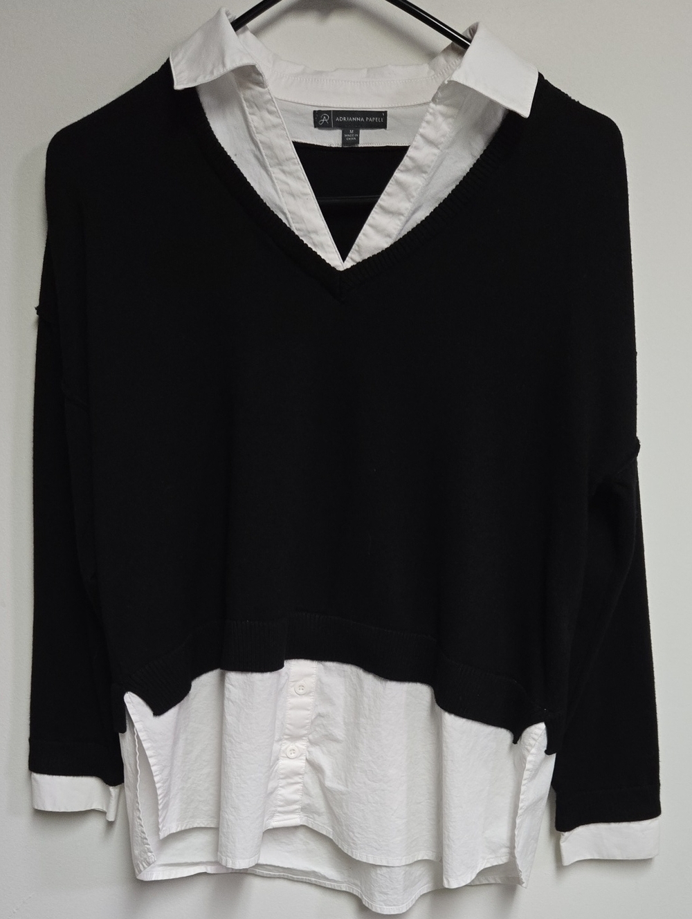 Adrianna Papell Black V-Neck Layered Sweater with White Shirt Detail